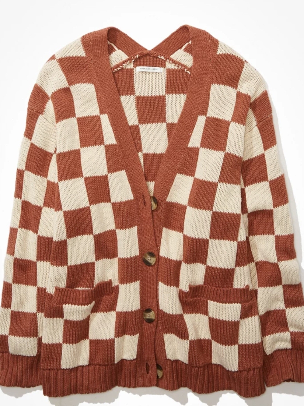 AE Checkerboard Oversized Knit Cardigan Sweater - Rust & Cream Like New Size M